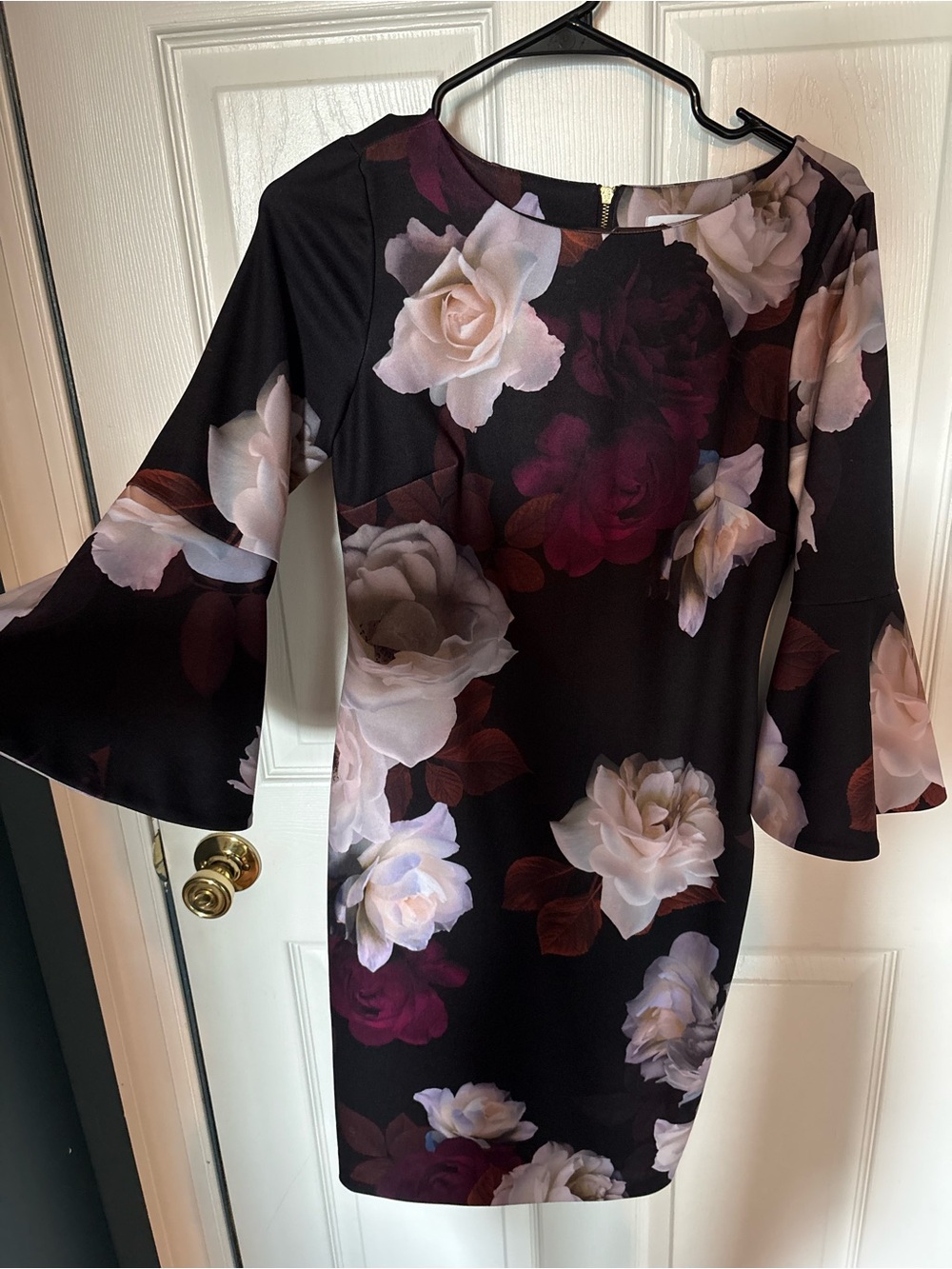 Calvin Klein Black Midi Dress with Rose and Cream Floral Print